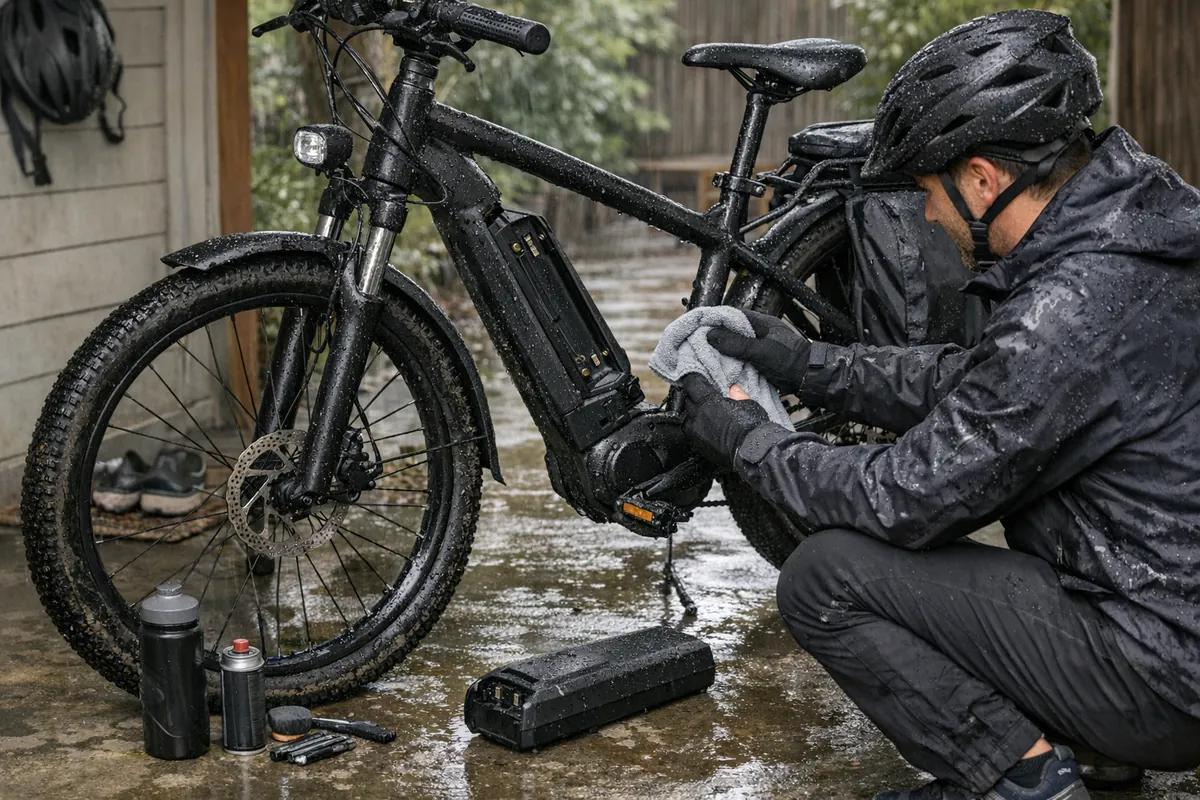 Post-ride e-bike rain checklist with drying and battery contact check