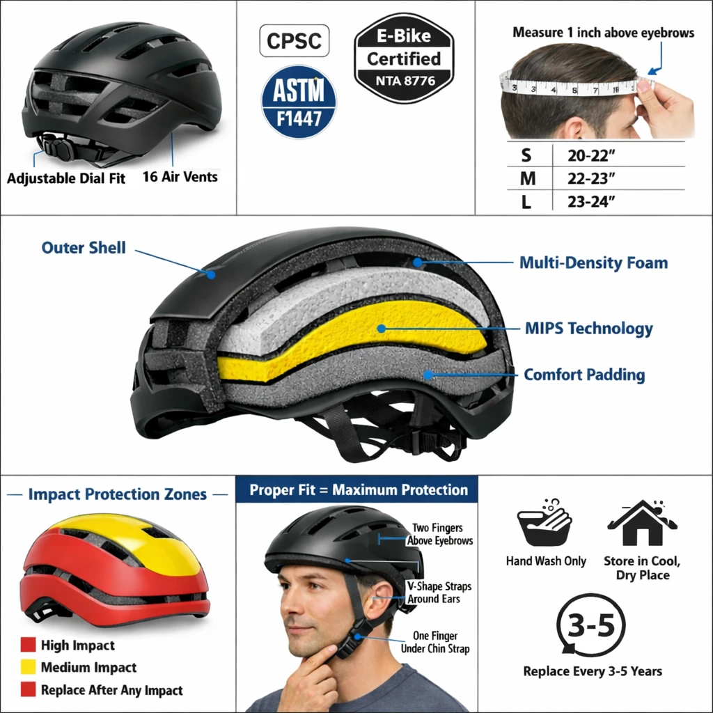 E-bike helmet guide showing safety standards and MIPS protection