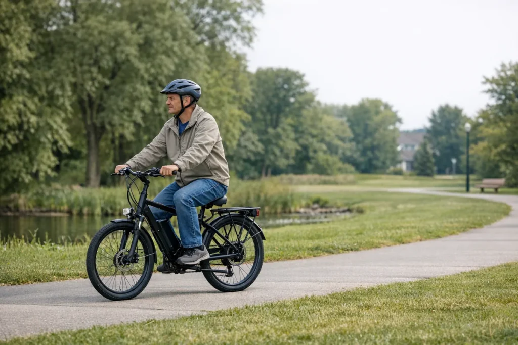 Adult riding an electric bicycle on a shared-use path in West Virginia