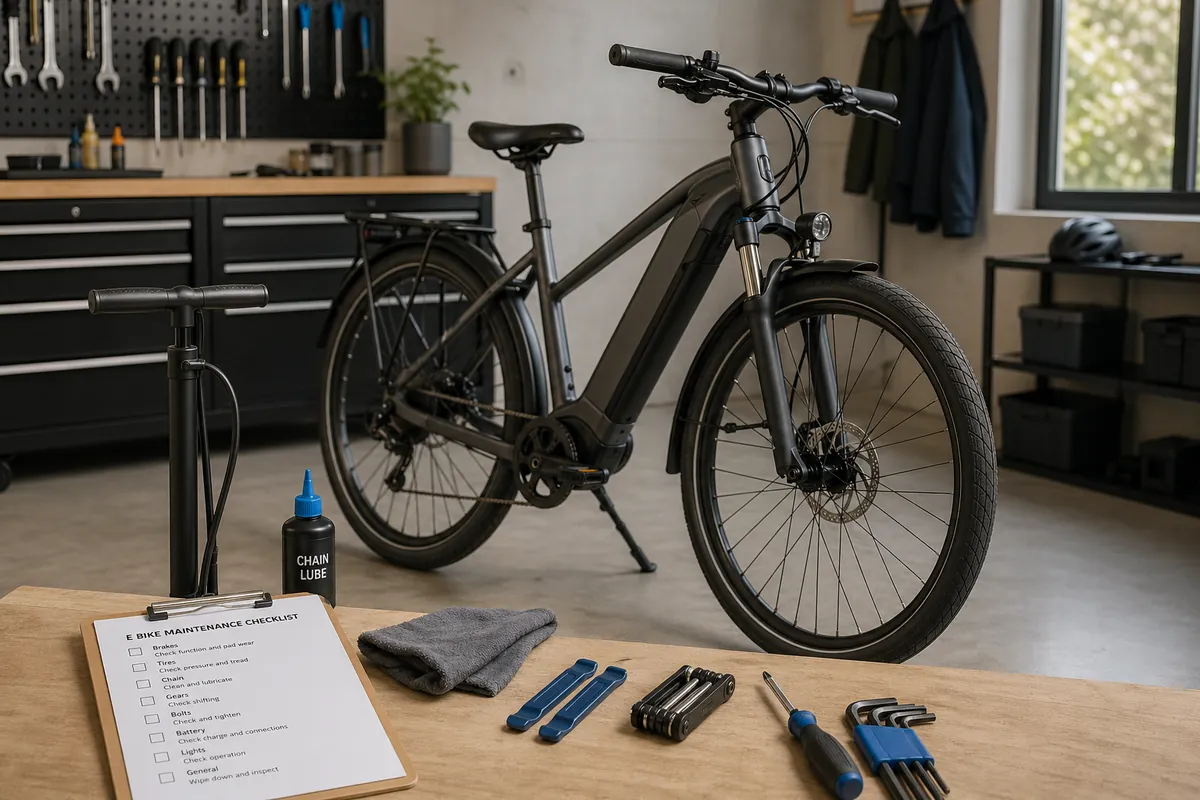 E bike maintenance manual shown with an electric bike and basic service checklist in a workshop