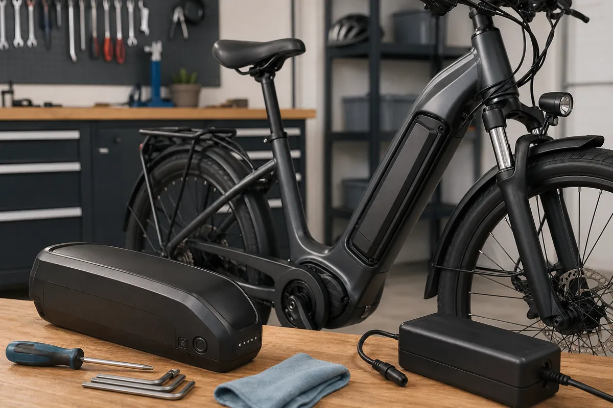 eBike battery replacement cost shown with a removable electric bike battery in a workshop