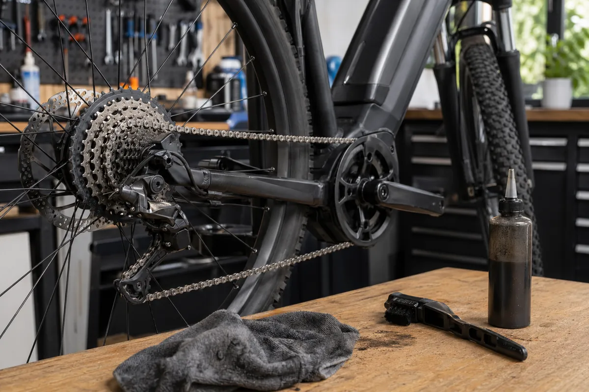 eBike chain maintenance shown with an electric bike drivetrain and cleaning tools
