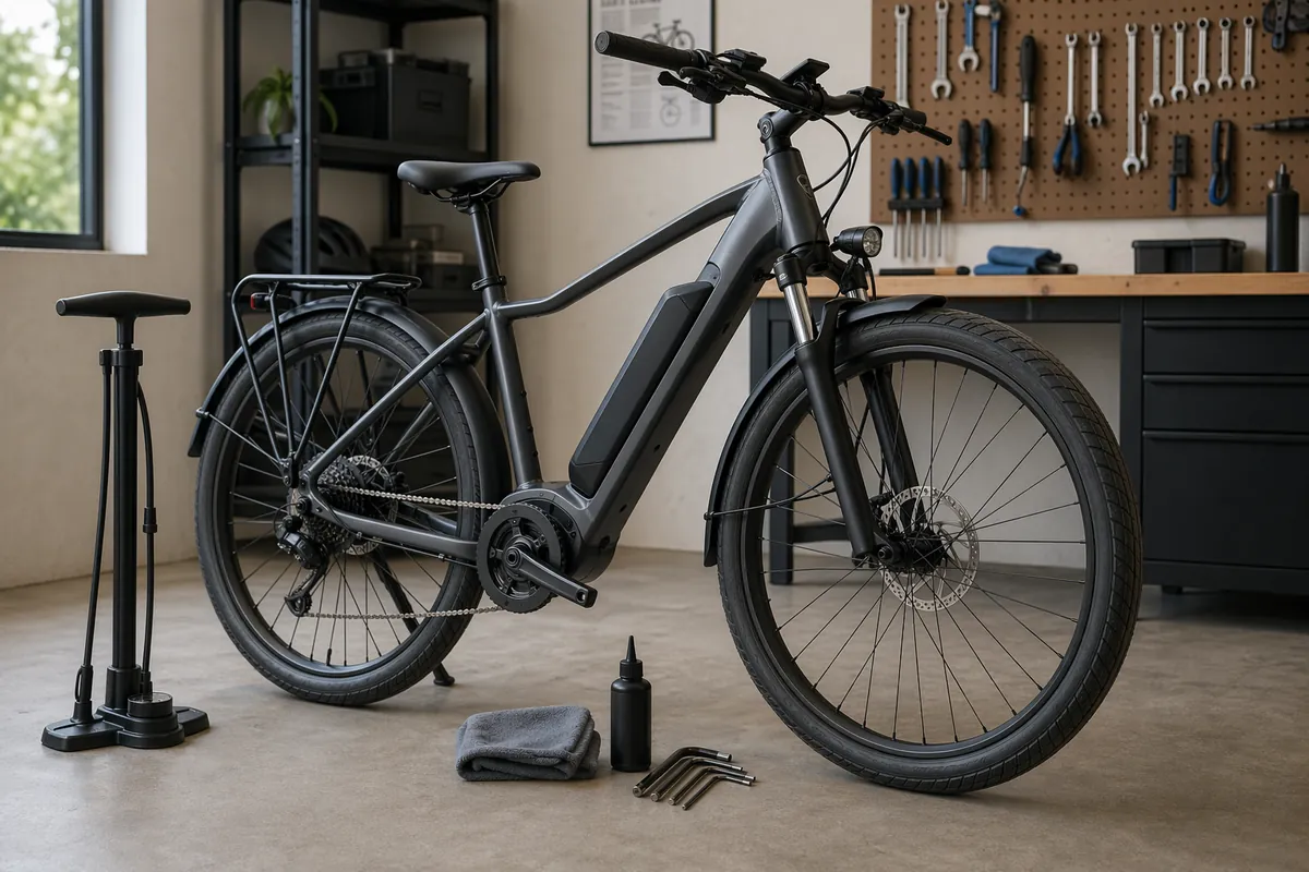 eBike maintenance schedule shown with a commuter electric bike and basic service tools