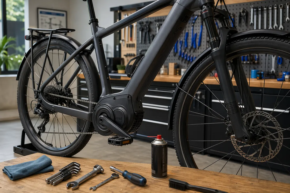 eBike motor maintenance shown on a practical electric bike in a workshop setting