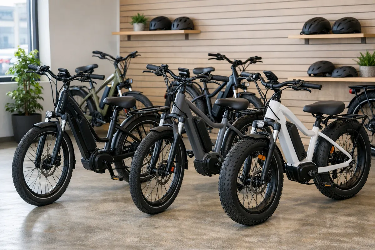 Electric bikes for sale cheap displayed in a clean bike showroom with practical budget-friendly eBike models
