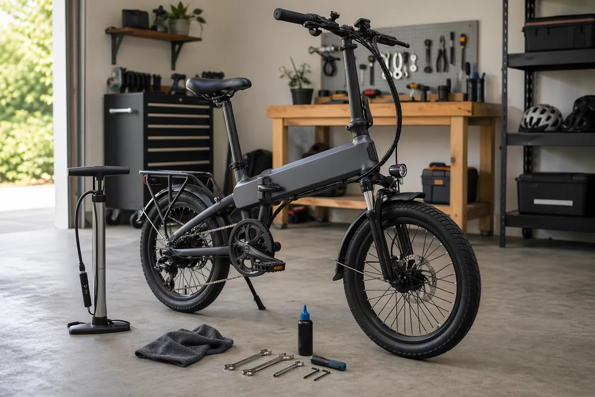 Lectric eBike maintenance shown with a folding-style electric bike and service tools