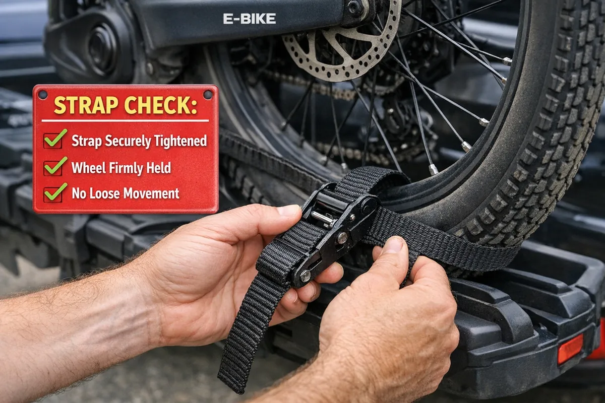 E-bike secured on a car rack with frame-safe contact points
