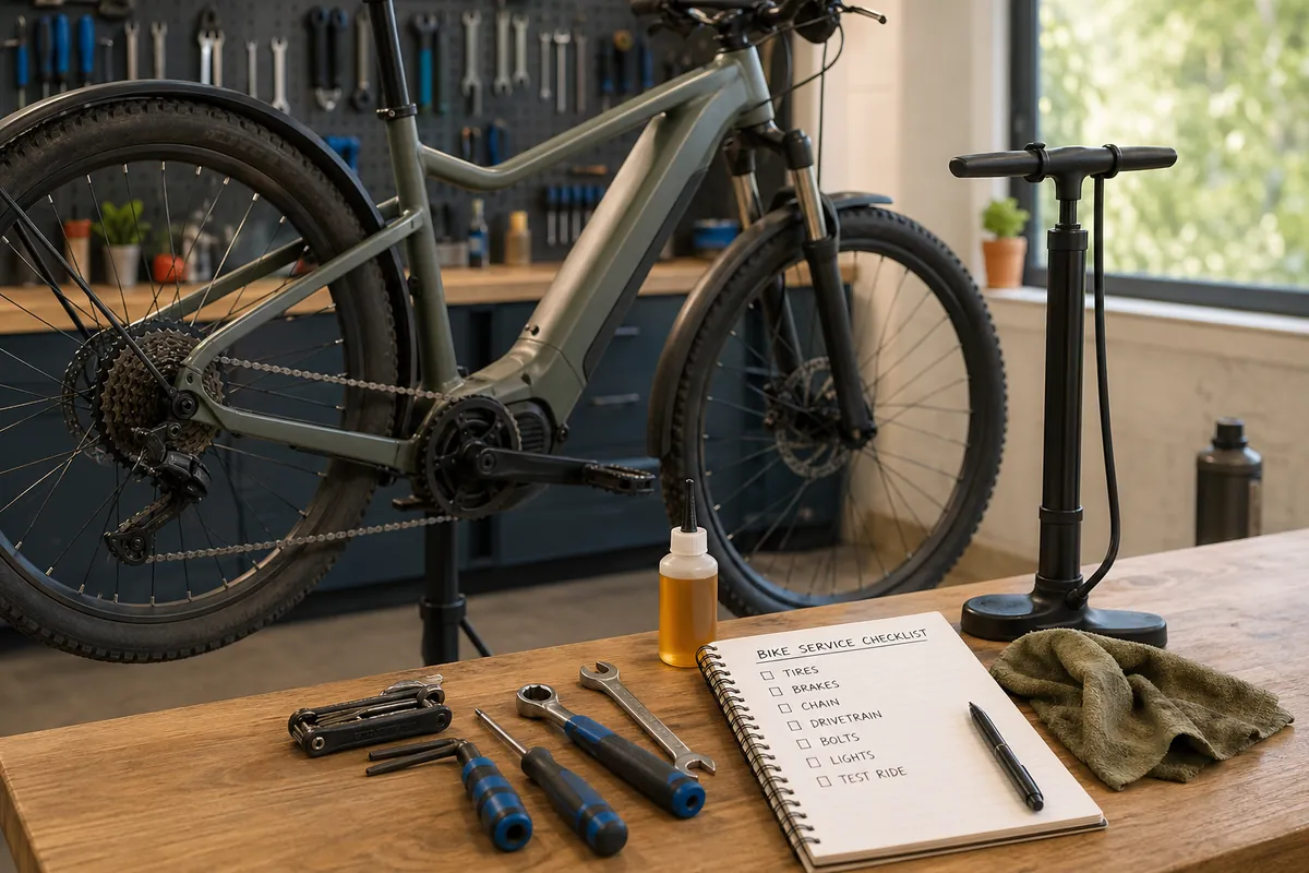 REI bike maintenance style checklist shown with a practical bike and basic service tools