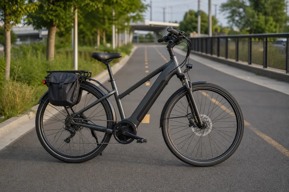 Best eBike for long distance commuting with rack, pannier, lights, fenders, and large battery on a paved commute route