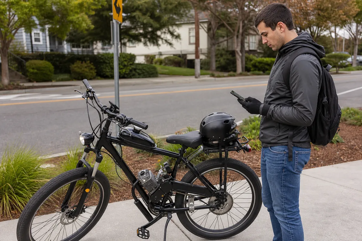 Motorized bicycle rider checking whether a license is required before riding on the road