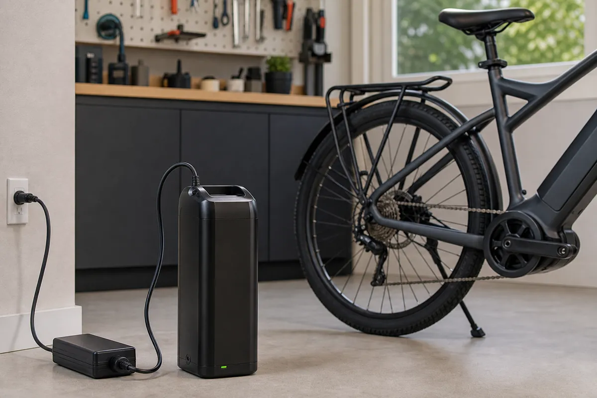Ebike battery charging best practices with a removable battery and approved charger indoors