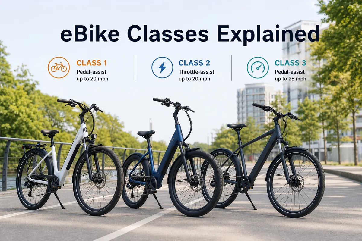 eBike classes explained with three electric bikes representing Class 1 Class 2 and Class 3's law or official regulatory guidance.
