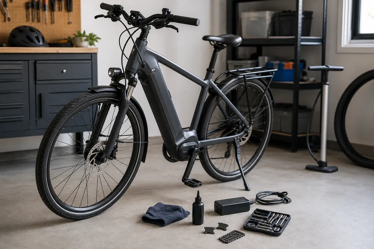 eBike maintenance cost shown with an electric bike, brake pads, tire pump, chain lube, charger, and basic service tools