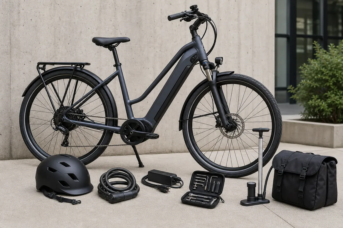 eBike total cost of ownership shown with an electric bike, lock, helmet, charger, and maintenance items