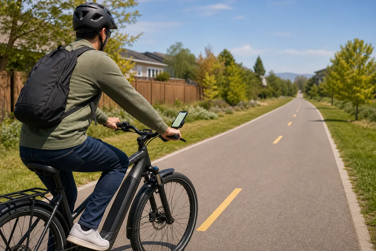How far an eBike can go on one charge shown with an electric bike on a paved route and battery range indicators
