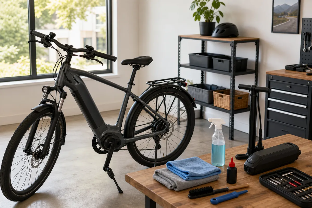 How to maintain an eBike at home with basic cleaning tools, tire pump, chain lubricant, and a safe battery workspace