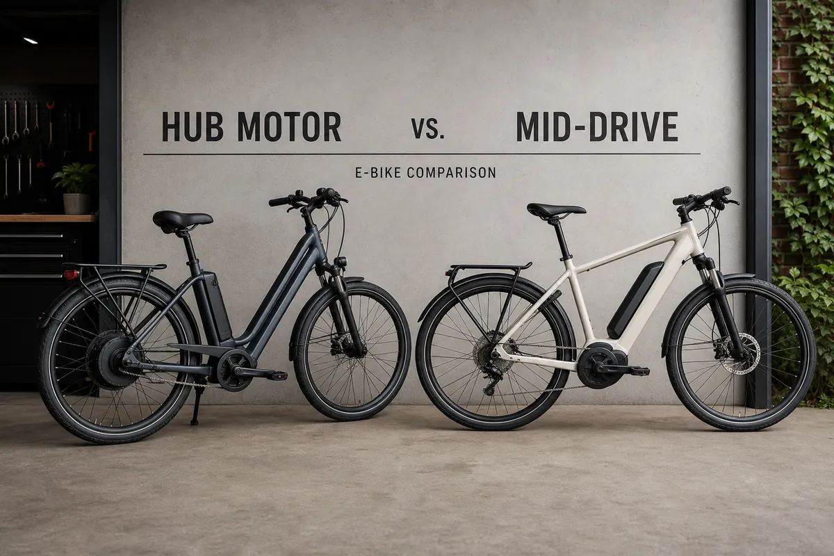 Hub motor vs mid drive ebike comparison showing two electric bikes with different motor placements