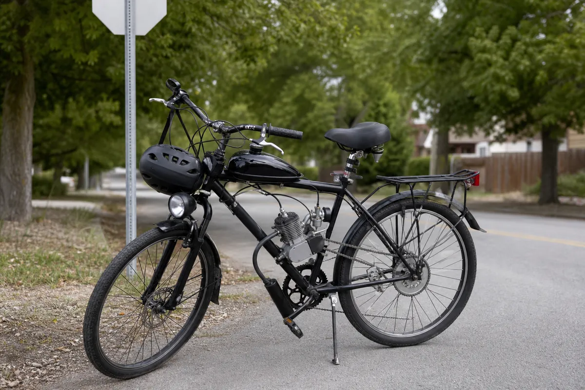 Motorized bicycle laws explained with a rider checking legal road rules before riding