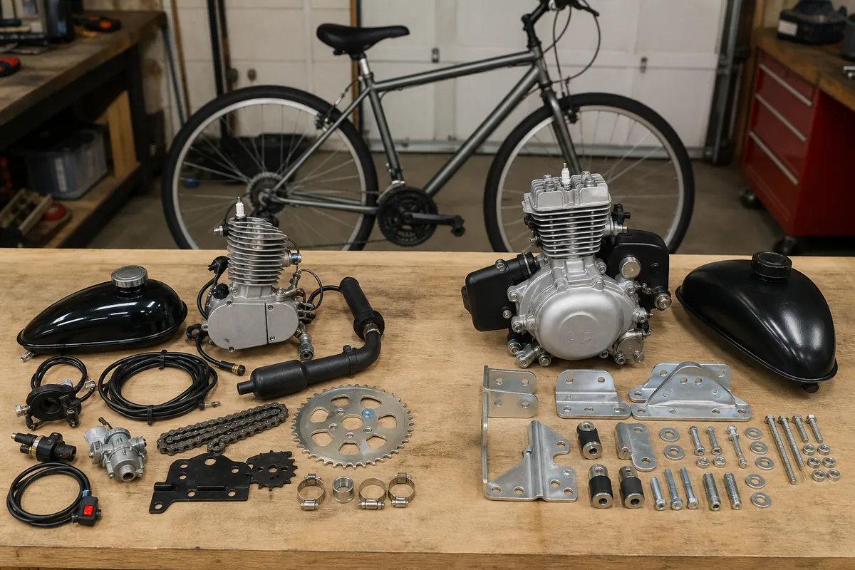 2 stroke vs 4 stroke bicycle engine kit comparison on a garage workbench