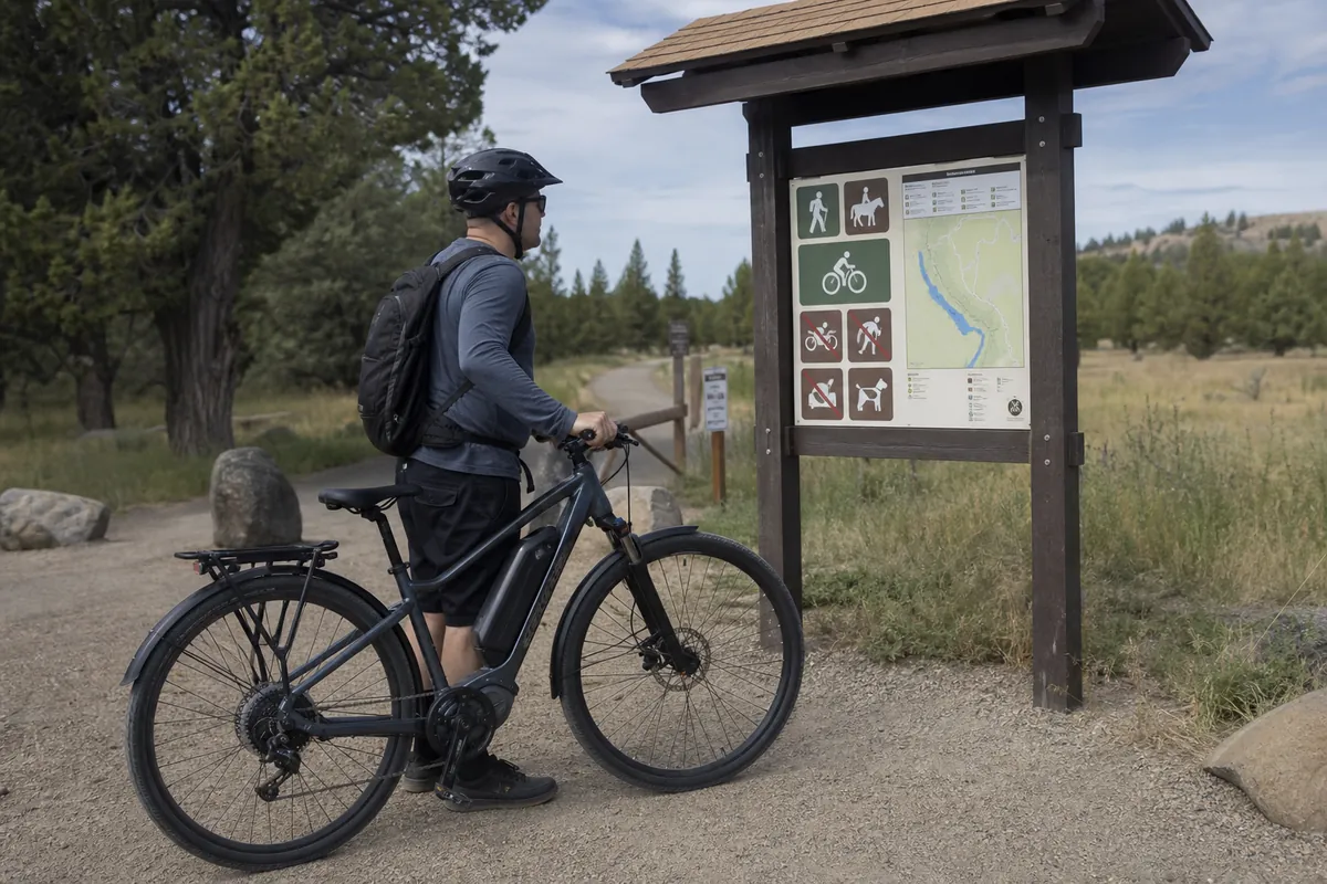 E-bike rider checking whether e-bikes are legal on trails at a posted trailhead sign