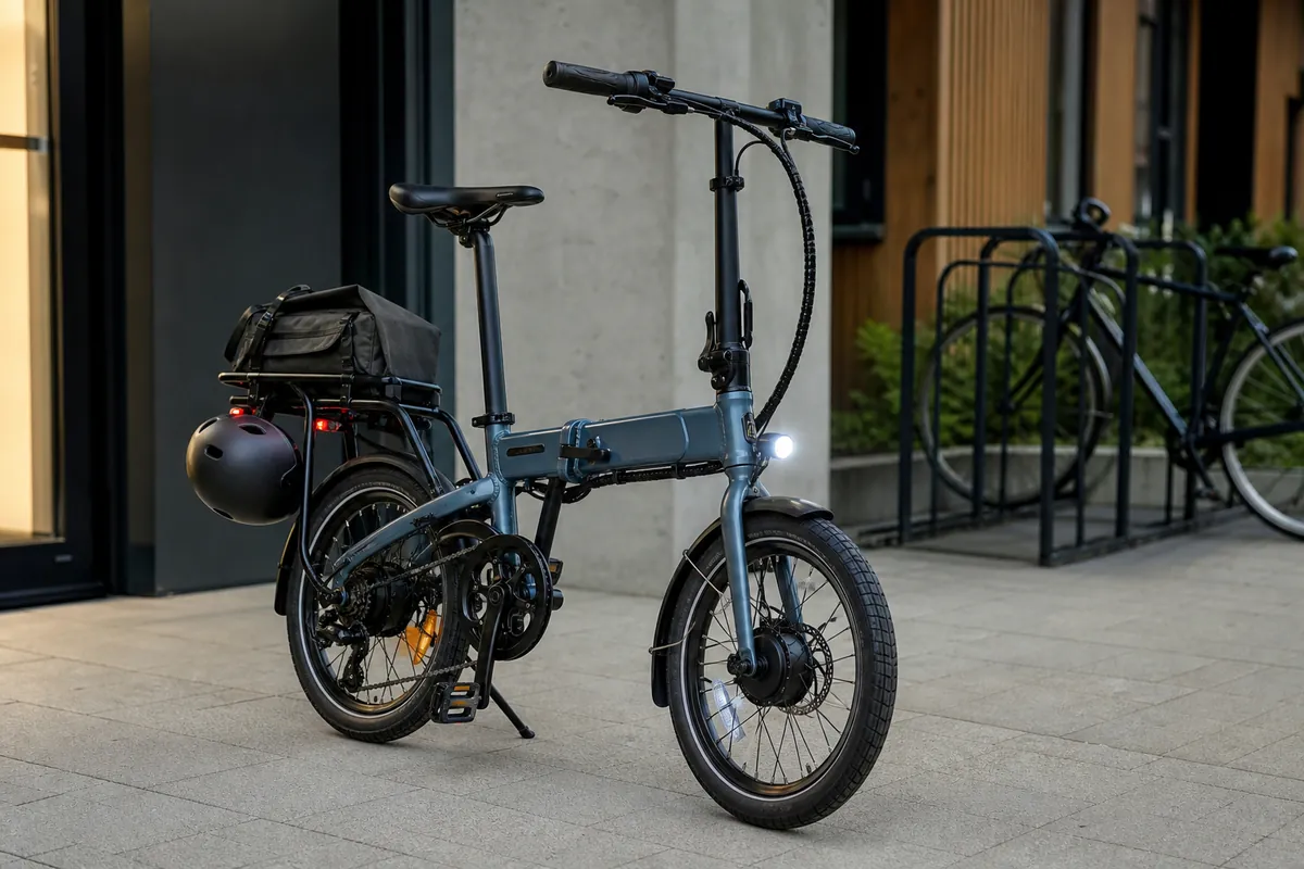 Best folding ebike for commuting parked near an apartment entry with a work bag and helmet