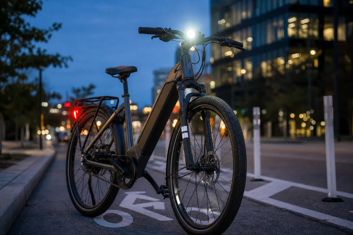 best lights for ebike commuting mounted on an electric bike at dusk