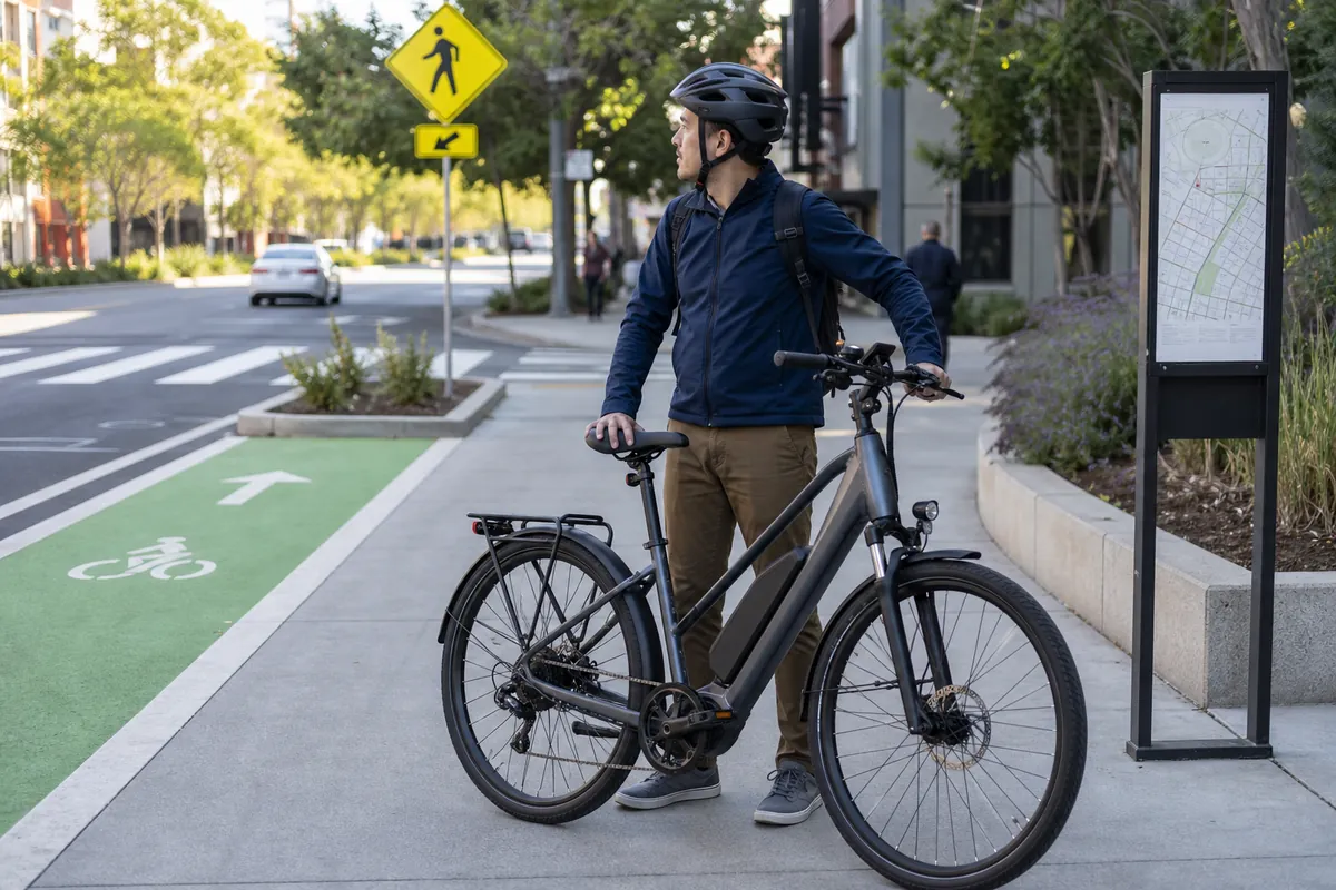 Ebike rider checking whether e-bikes can go on sidewalks near a bike lane and pedestrian sidewalk