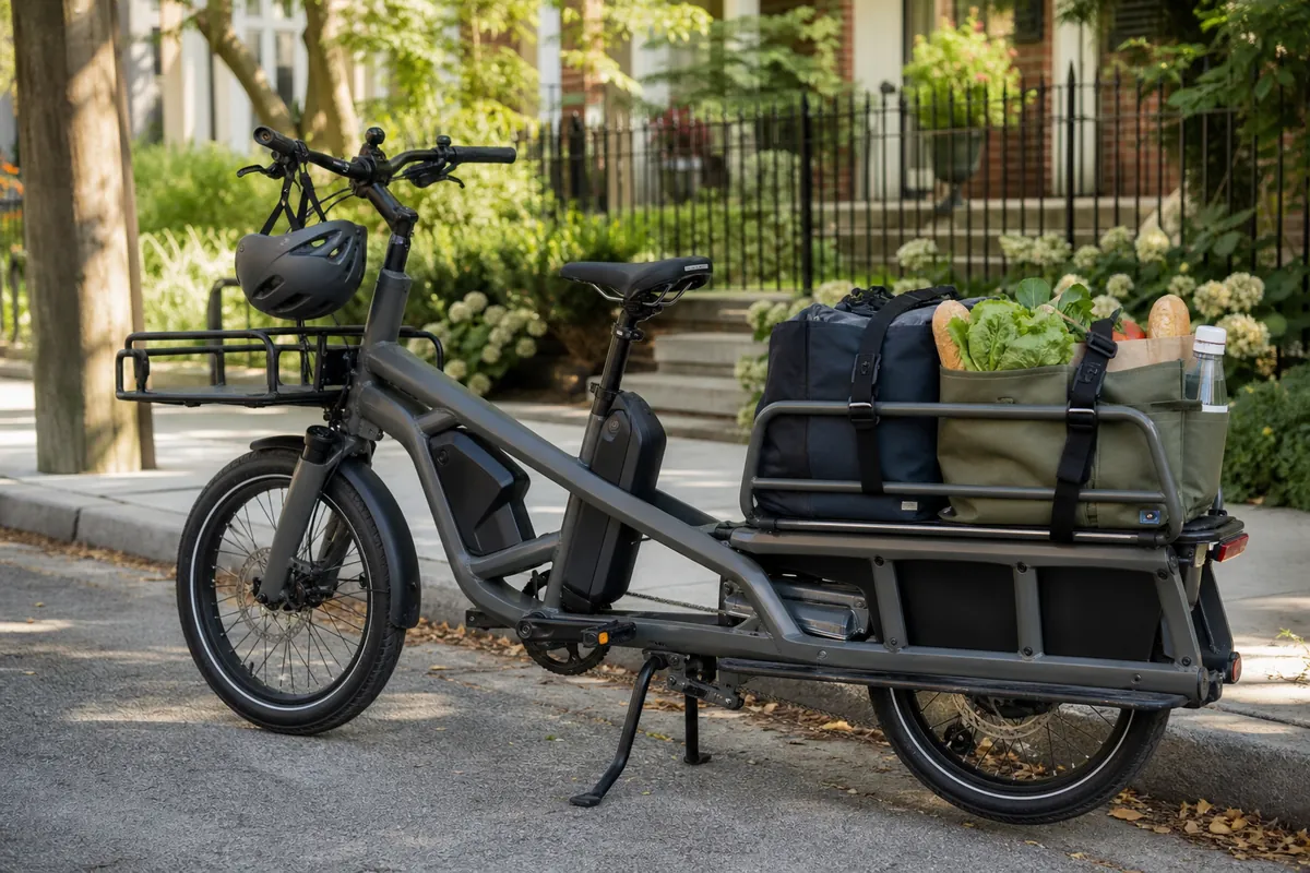 cargo ebike pros and cons with a family-style electric cargo bike carrying groceries in an urban setting