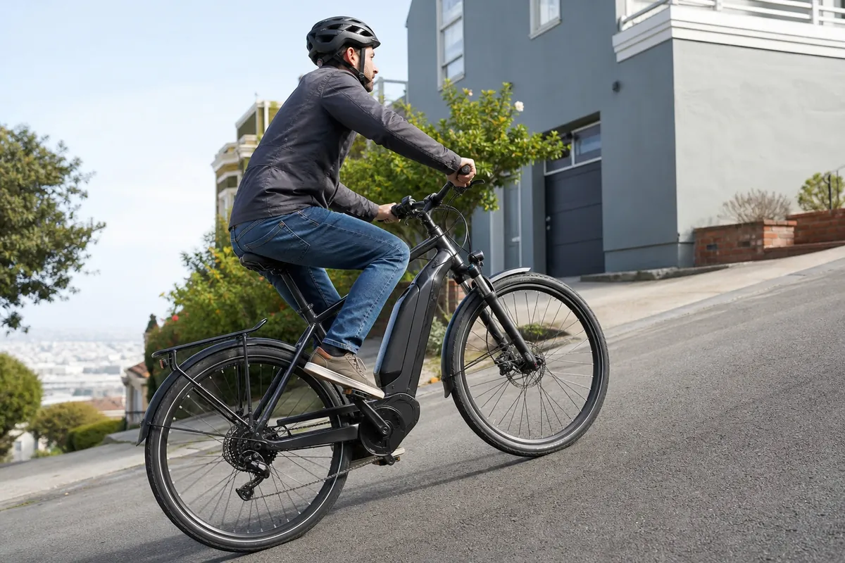 Ebike for hills climbing a steep neighborhood road with visible motor and disc brakes