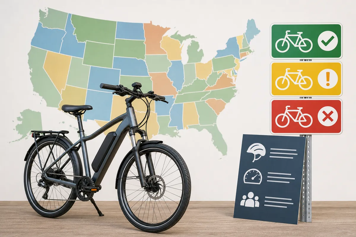 Electric bike laws by state guide with an e-bike near a United States map