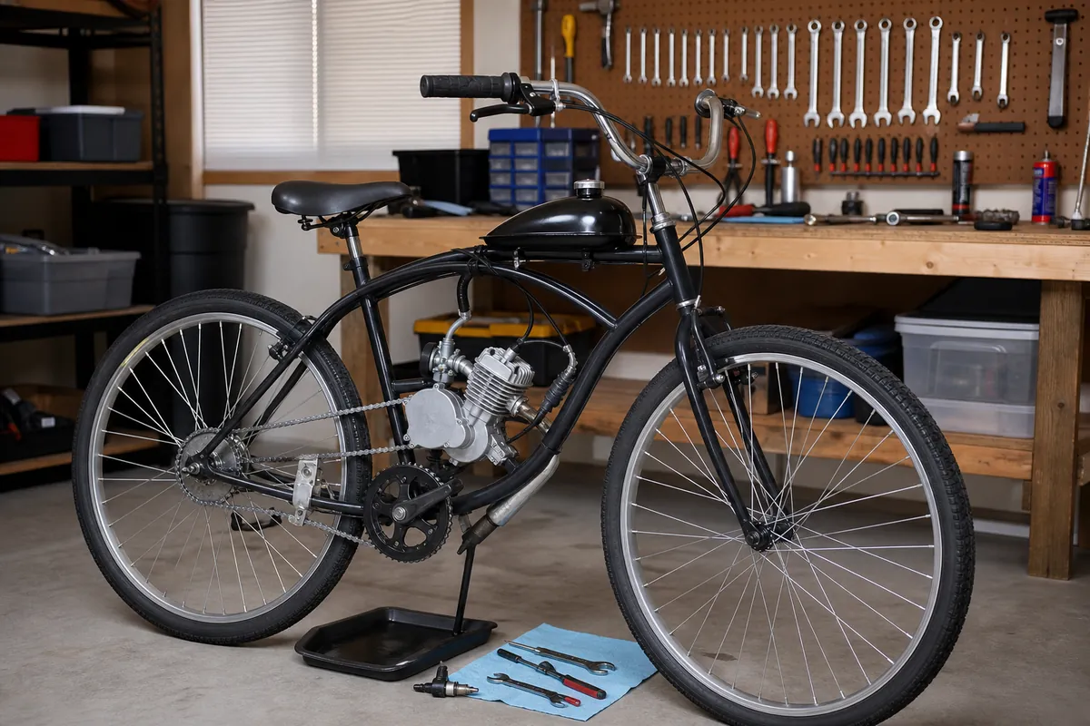 Motorized bicycle maintenance checklist with tools, chain, brakes, tires, and engine kit inspection points