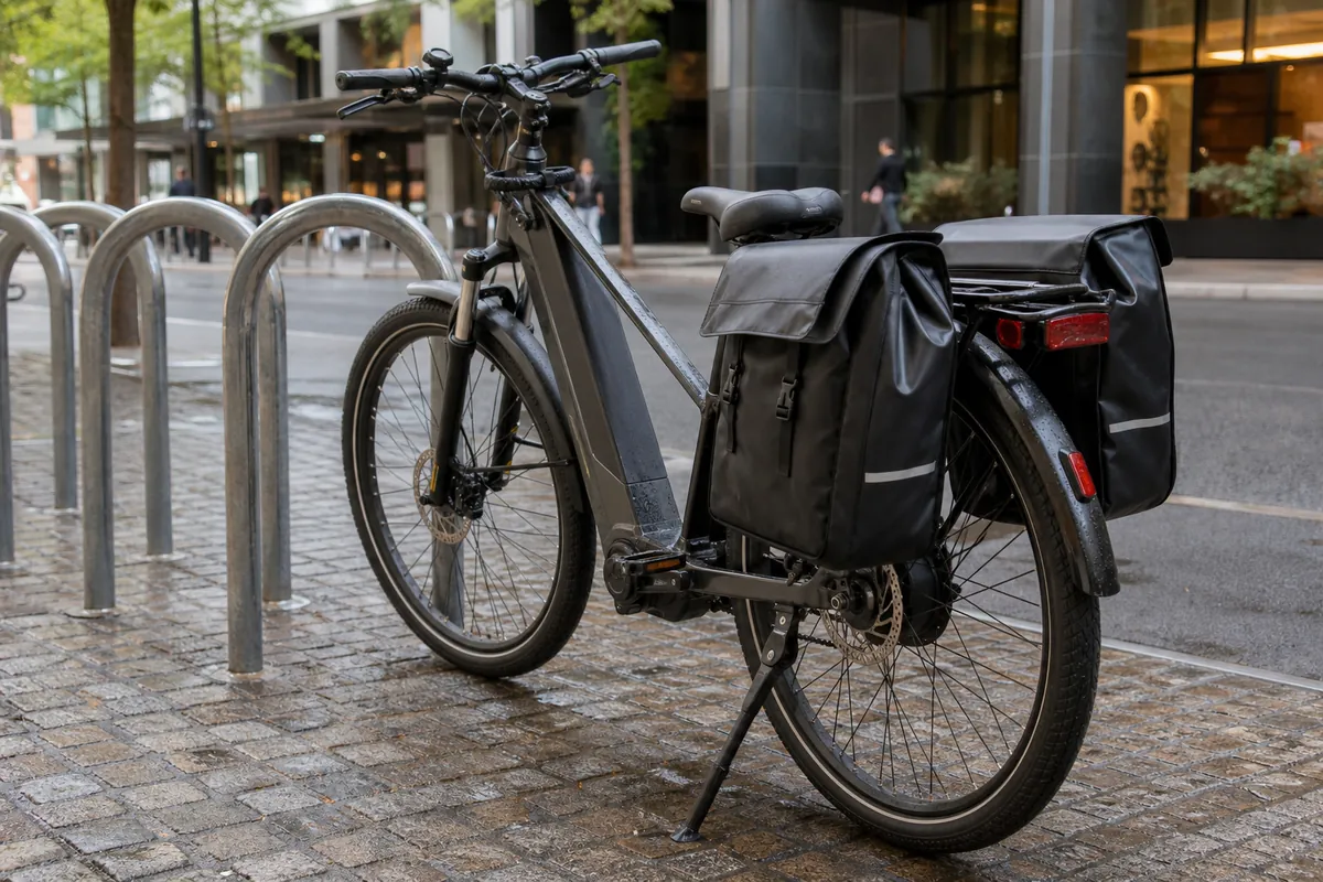 Waterproof panniers mounted on an ebike for commuting