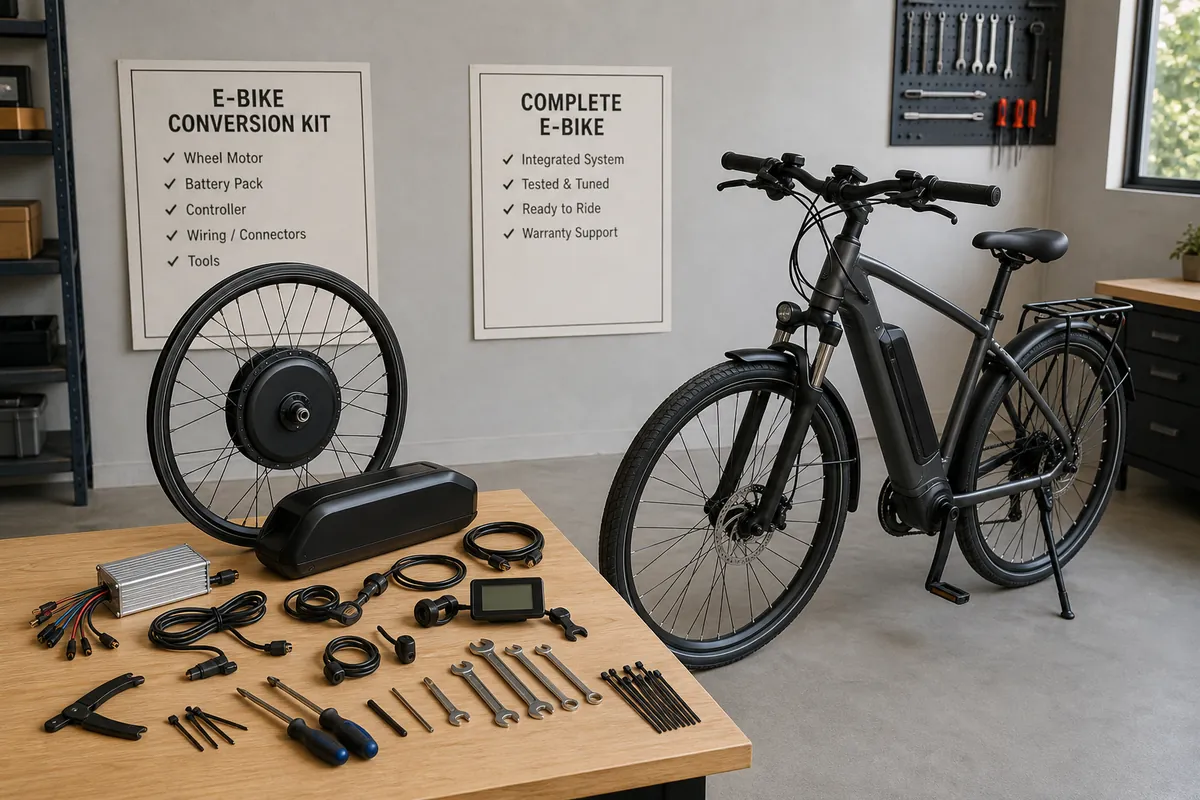 Ebike conversion kit parts beside a complete new ebike for comparison