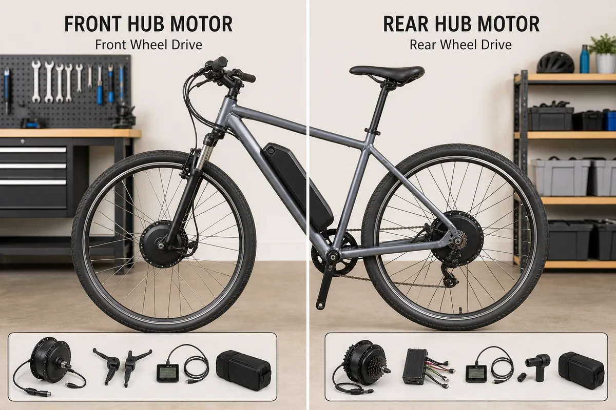 Front wheel vs rear wheel ebike conversion kit comparison on a bicycle