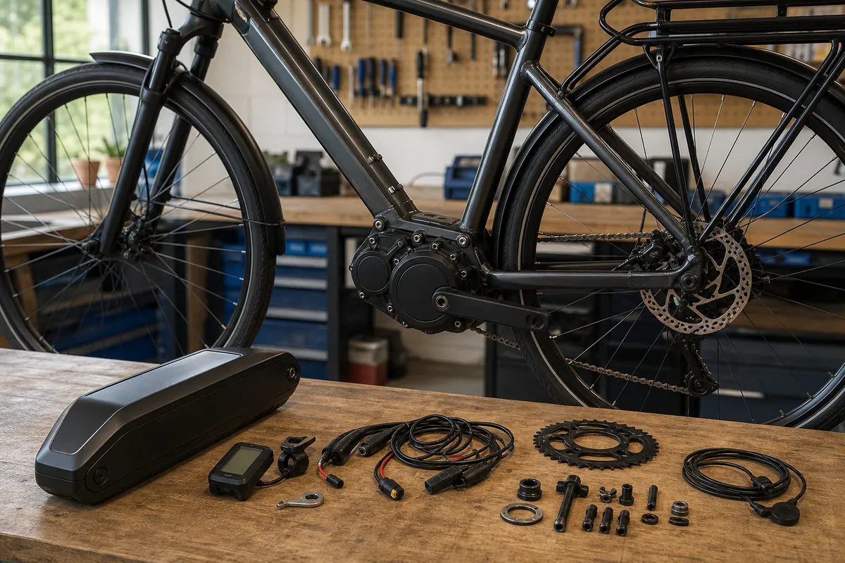 Mid drive conversion kit installed near a bicycle bottom bracket for comparing pros and cons
