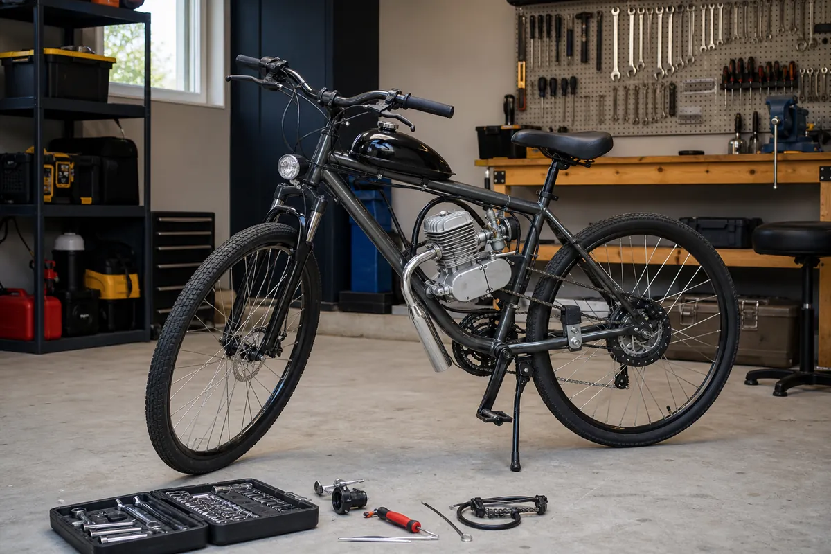 Motorized bicycle buying guide illustration showing a bicycle with a motor kit in a workshop