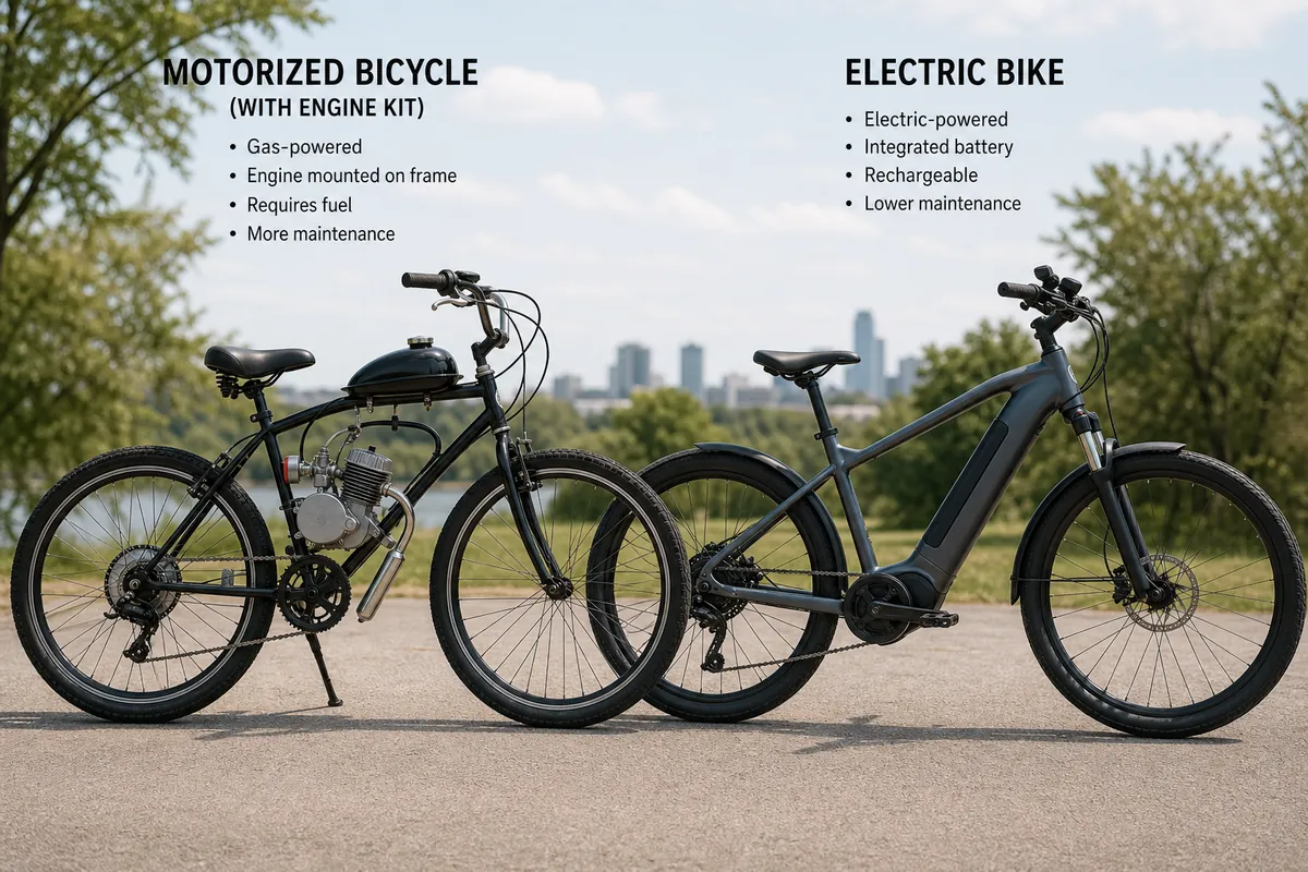 Motorized bicycle vs ebike comparison showing a kit-powered bicycle beside an electric bike